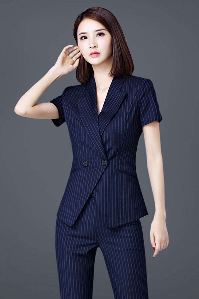 藍(lán)色條紋半袖西裝定制